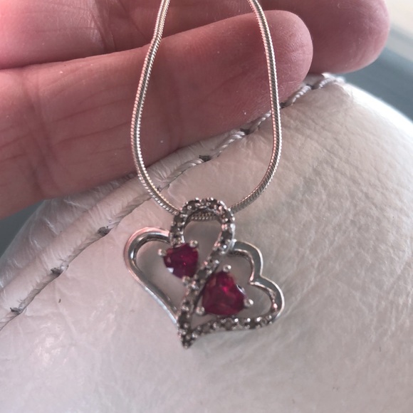 Ruby & Diamond Double-Hearts Necklace, Sterling Silver w/ 24-inch Sterling Chain - Picture 7 of 12